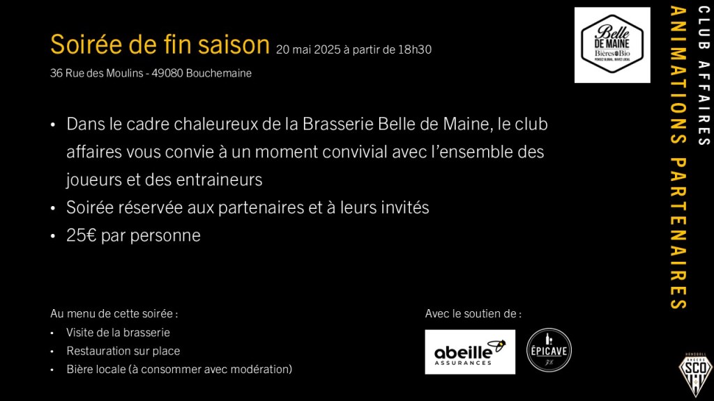 Soirée de fin de saison : retrouvons‑nous à la Brasserie Belle de Maine !